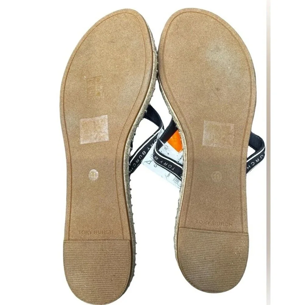 Tory Burch Flat Espadrille Sandals Women’s 11 Black White Logo Strap BNIB